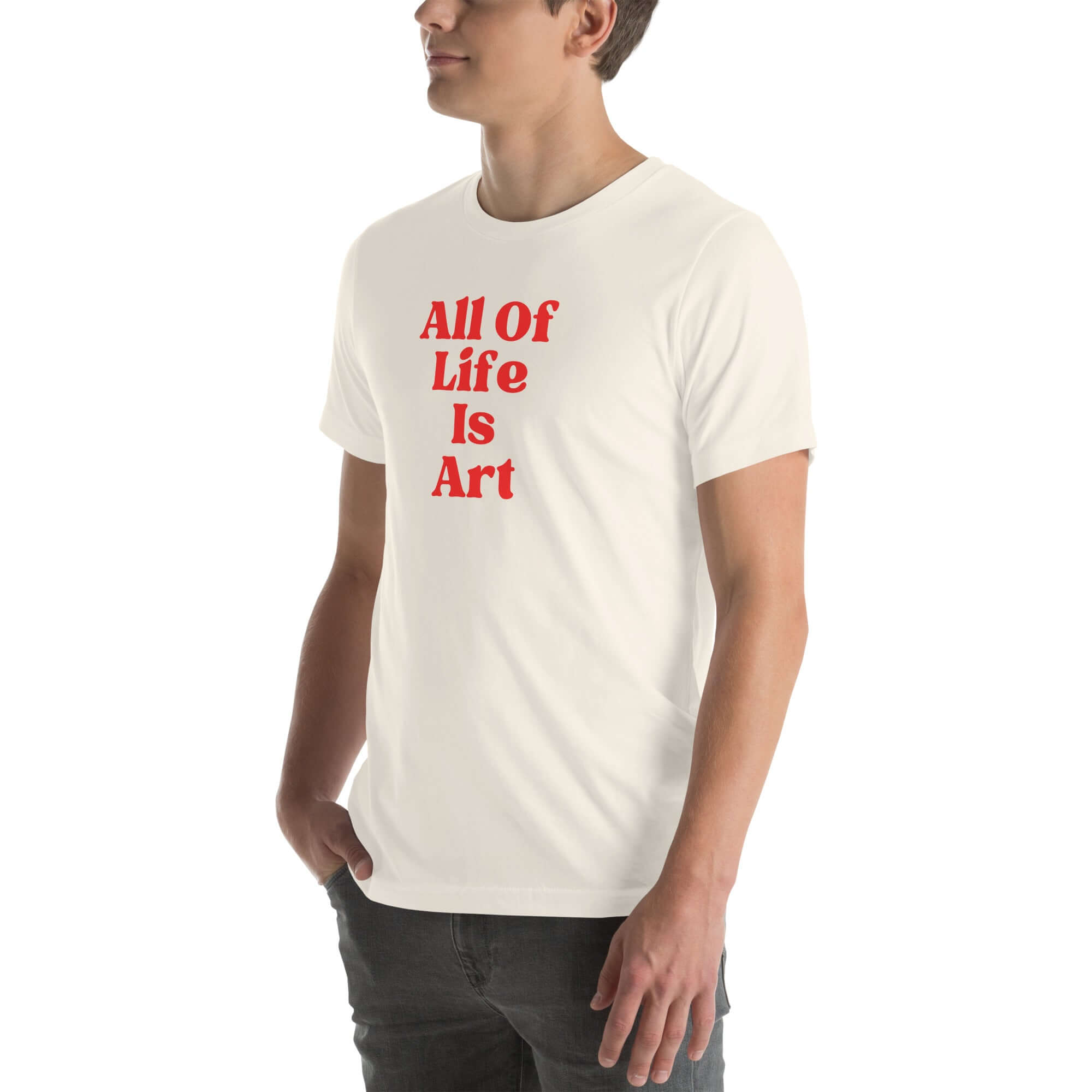 Side view of man wearing vintage white Milk Sandwich T-shirt with red All Of Life Is Art text, casual graphic tee with vintage-style typography.