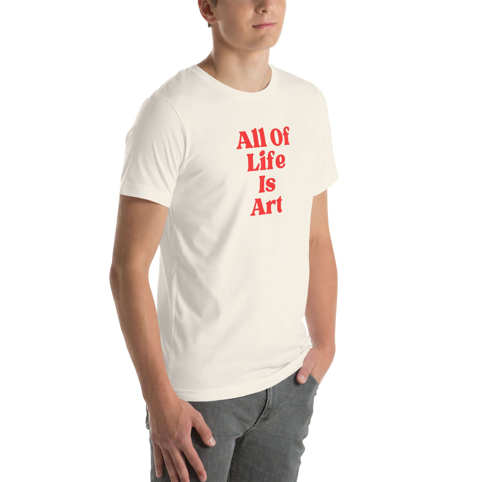 Angled view of man wearing vintage white Milk Sandwich T-shirt with bold red All Of Life Is Arttext, modern unisex graphic tee with vintage font.