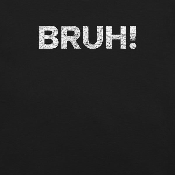 Close-up of black Milk Sandwich T-shirt with bold, cracked white text that says BRUH! minimalist and expressive streetwear graphic design.
