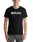 Black unisex 'Bruh' Milk Sandwich T-shirt on a model, showcasing casual style and comfort for relaxed outfits.