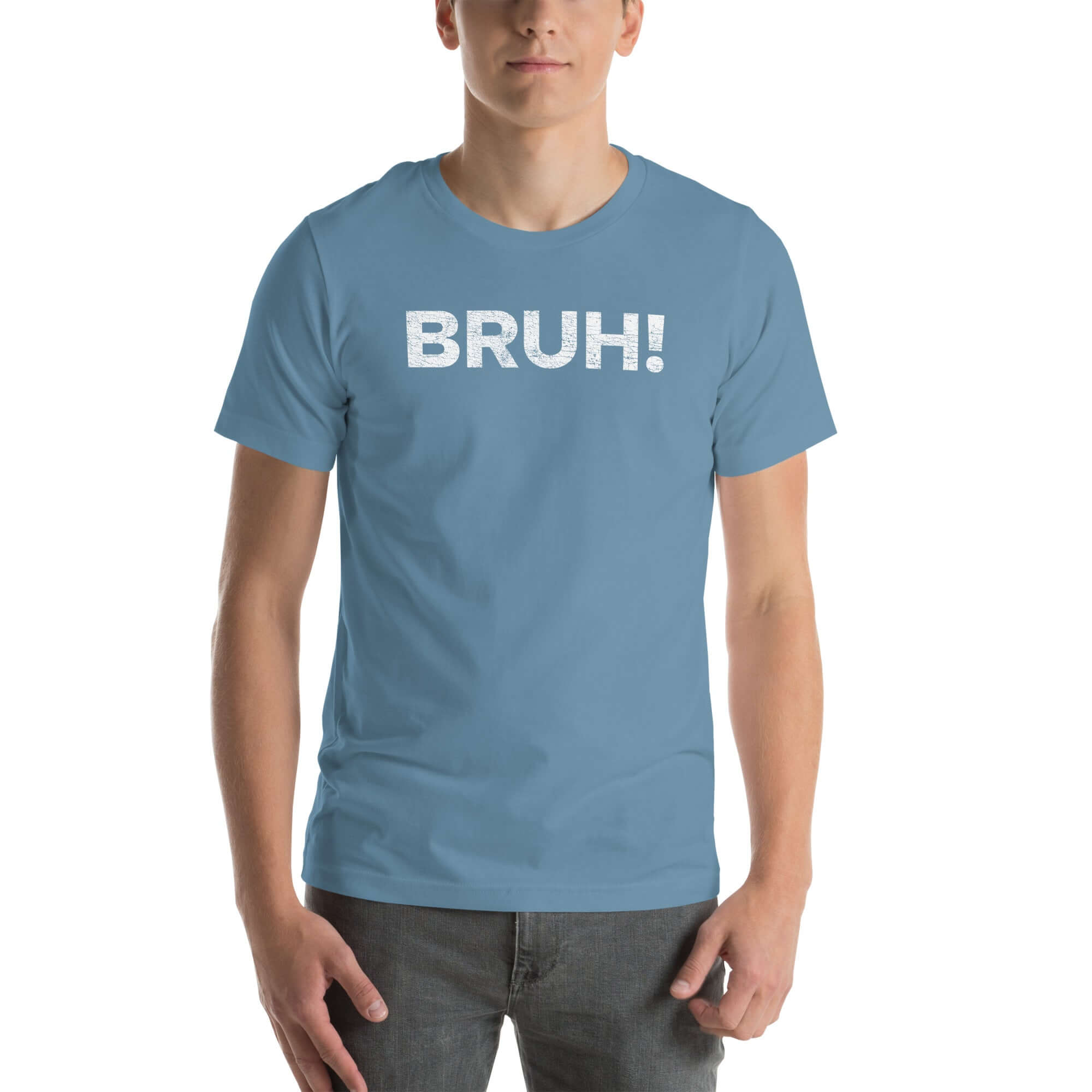 Unisex 'Bruh' Milk Sandwich T-shirt in blue, featuring bold text, perfect for casual wear and showcasing carefree style.