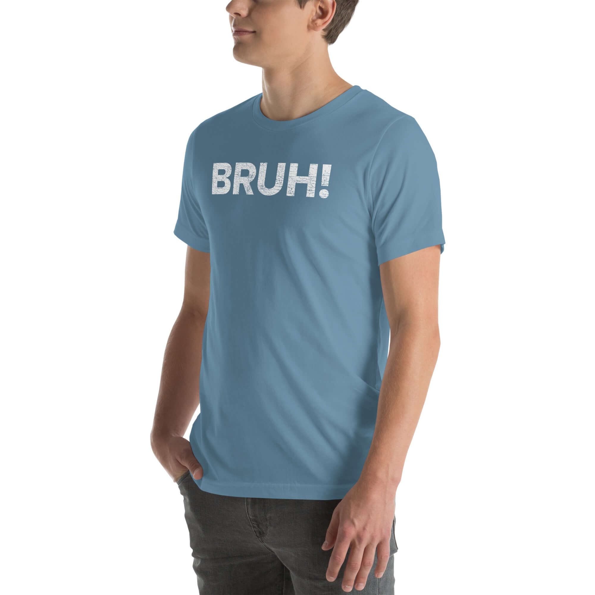 Unisex 'Bruh' Milk Sandwich T-shirt in light blue, featuring bold 'BRUH!' text, perfect for casual and carefree style.