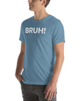 Unisex 'Bruh' Milk Sandwich T-shirt in light blue, featuring bold 'BRUH!' text, perfect for casual and carefree style.