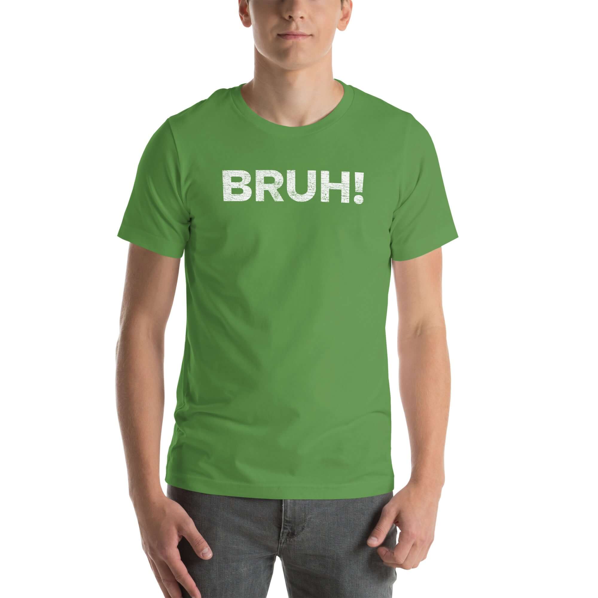 Green unisex 'Bruh' Milk Sandwich T-shirt featuring bold text, perfect for a carefree, stylish look. Ideal for casual outings.