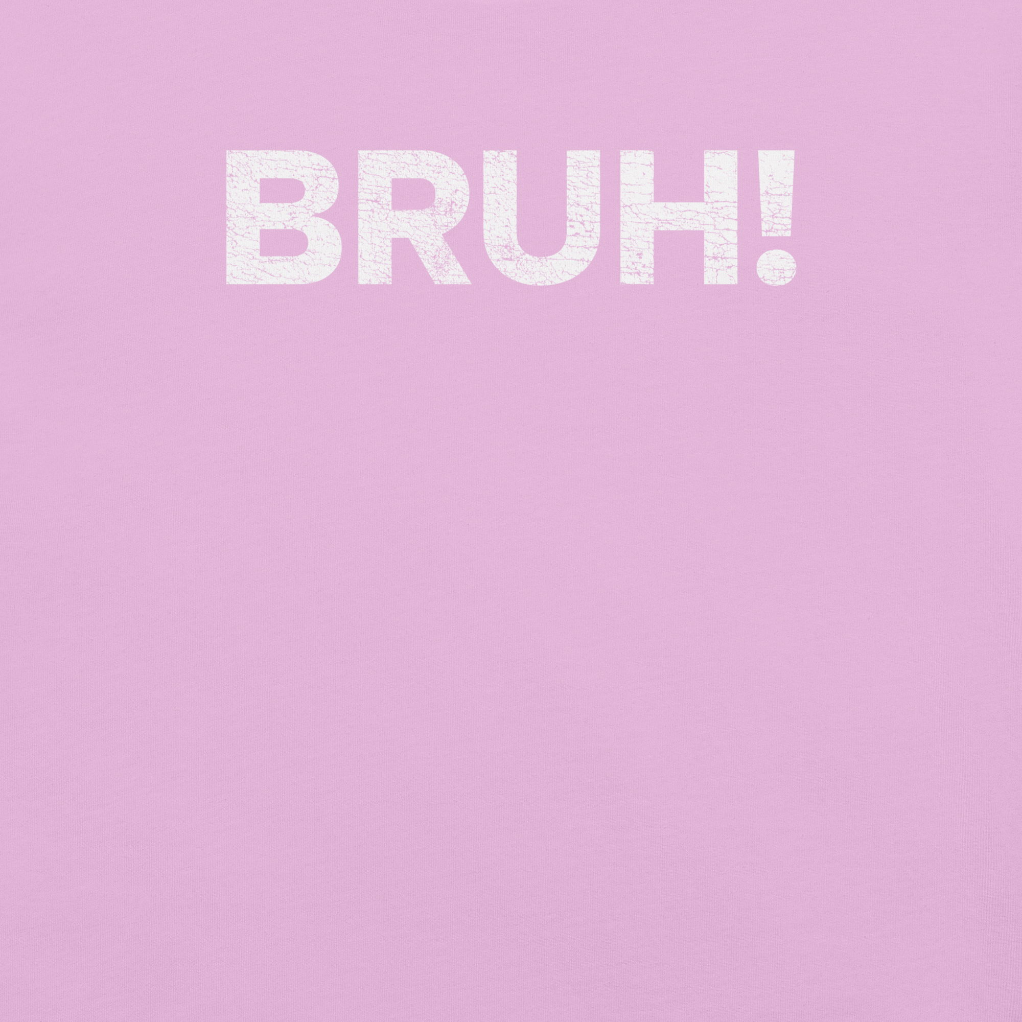 Close-up of lilac Milk Sandwich T-shirt with bold, cracked white text that says BRUH! minimalist and expressive streetwear graphic design.