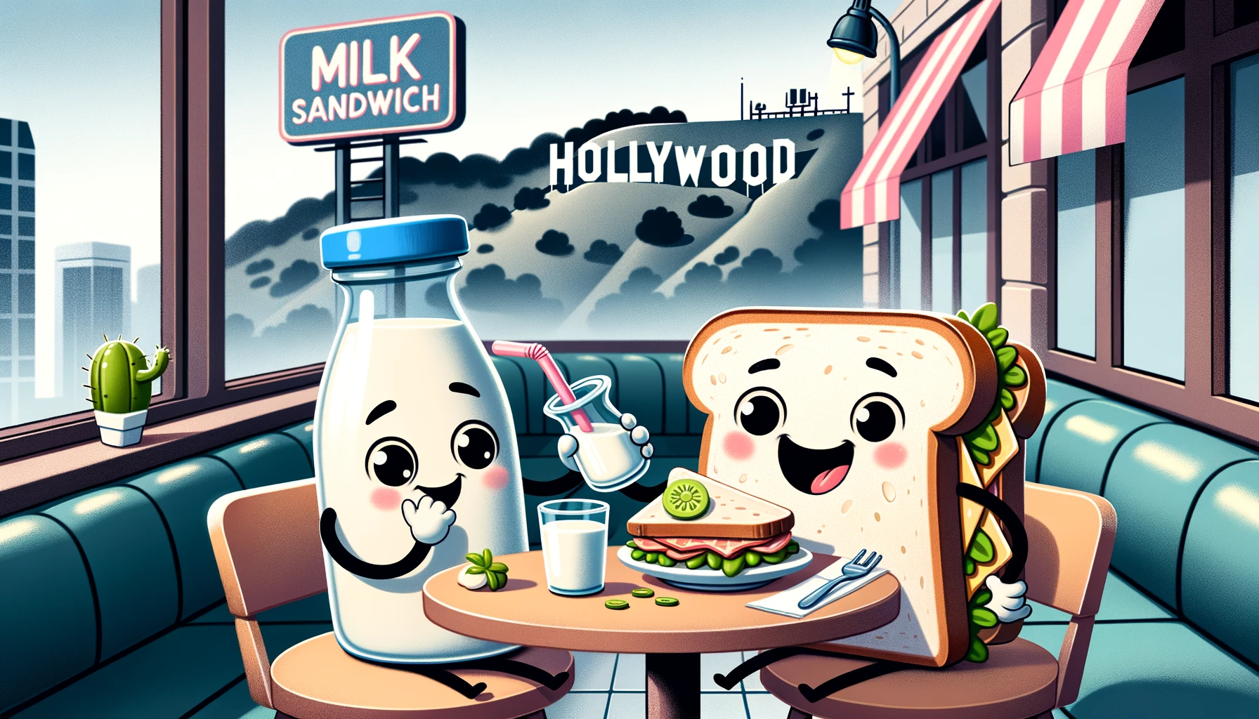 illustrated milk bottle and sandwich having breakfast