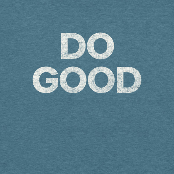 Close-up of heather deep teal Milk Sandwich T-shirt with bold distressed white text that reads DO GOOD, minimalist motivational graphic tee.