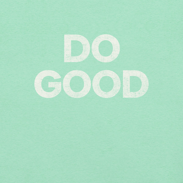 Close-up of mint Milk Sandwich T-shirt with bold distressed white text that reads DO GOOD, minimalist motivational graphic tee.