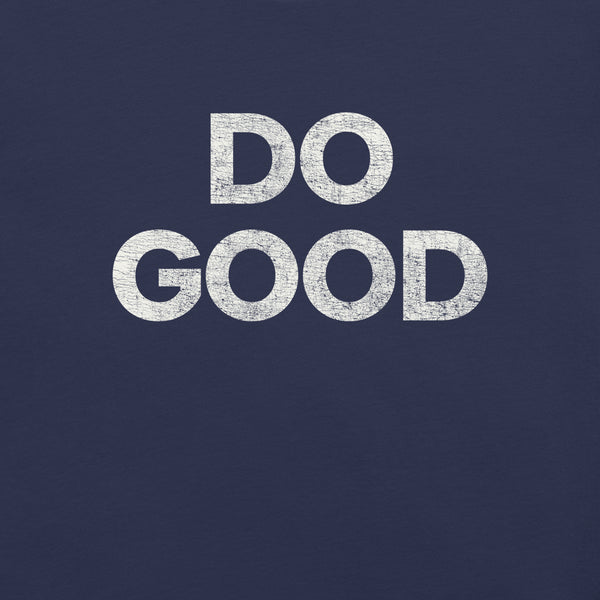 Close-up of navy Milk Sandwich T-shirt with bold distressed white text that reads DO GOOD, minimalist motivational graphic tee.