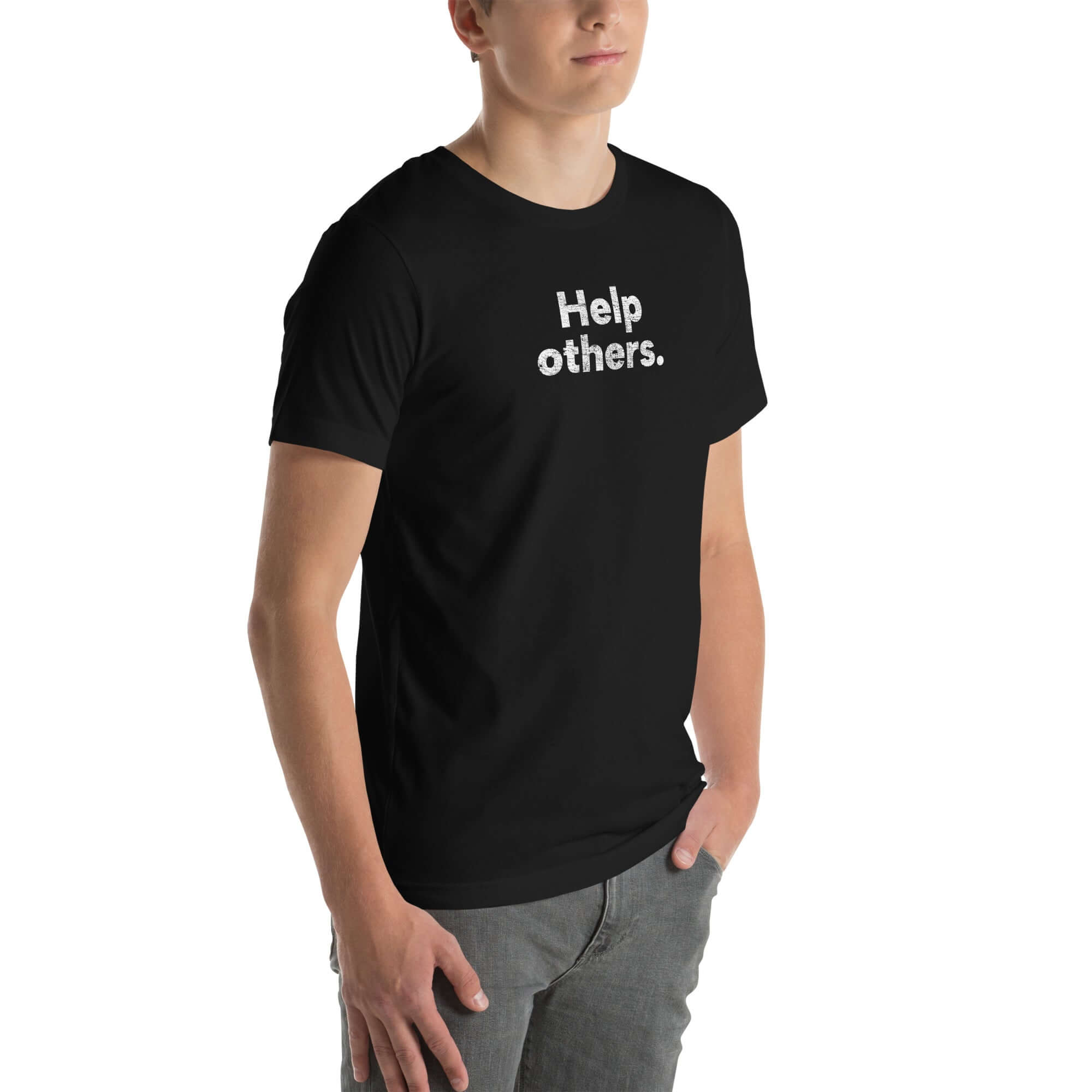 Angled view of man wearing black Milk Sandwich T-shirt with distressed white Help others. slogan, clean and modern unisex graphic tee.