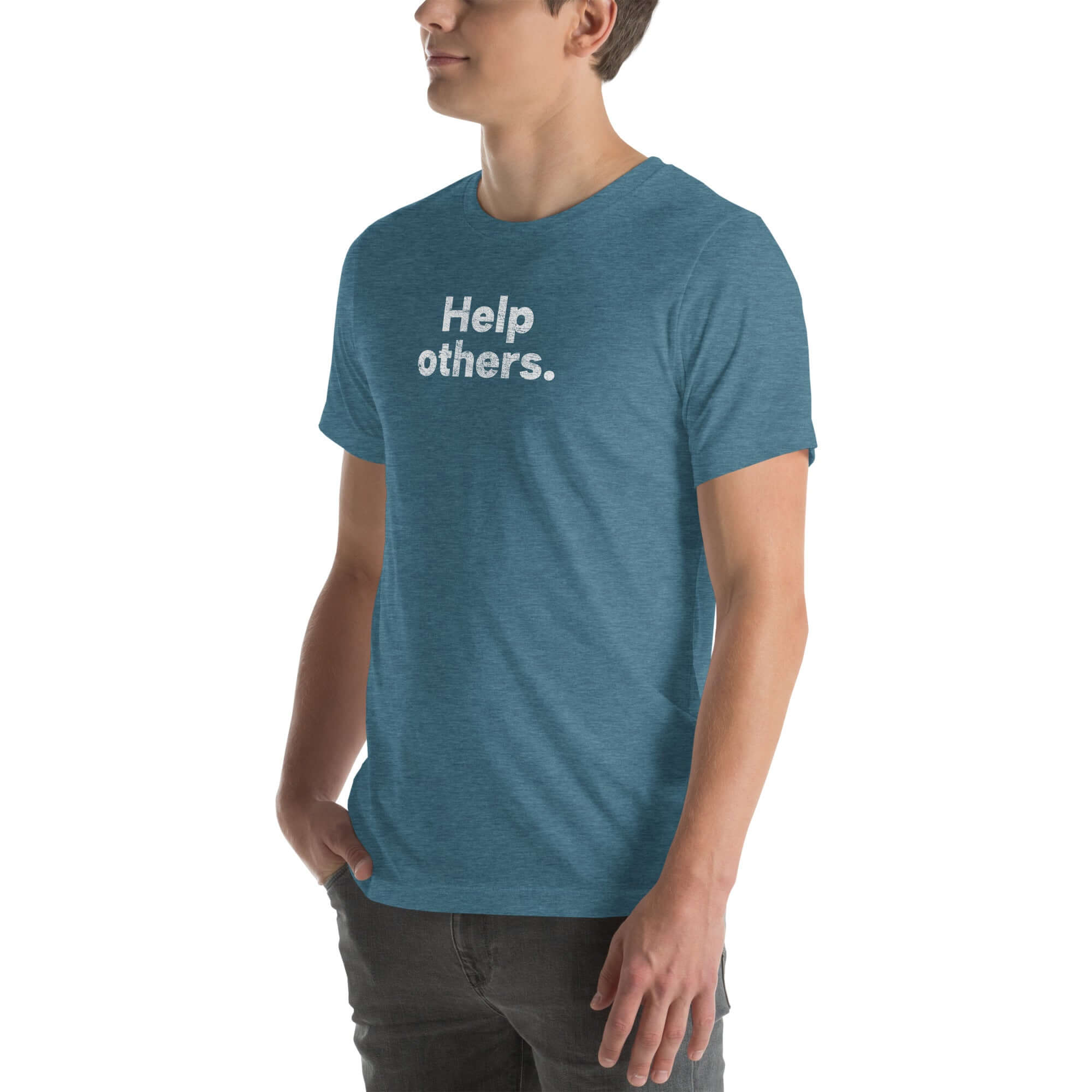 Side view of man wearing heather deep teal Milk Sandwich T-shirt with distressed white Help others. text, casual unisex message tee with minimalist design.