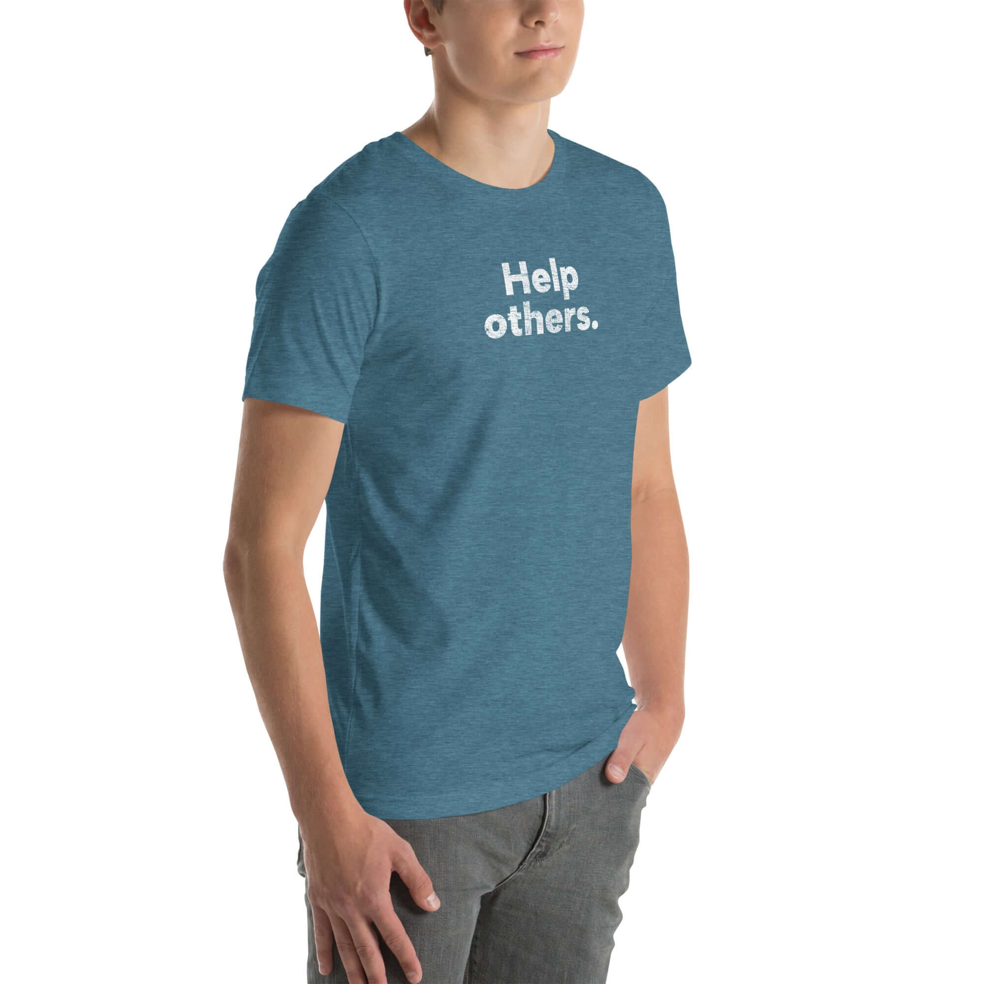 Angled view of man wearing blue Milk Sandwich T-shirt with distressed white Help others. slogan, clean and modern unisex graphic tee.