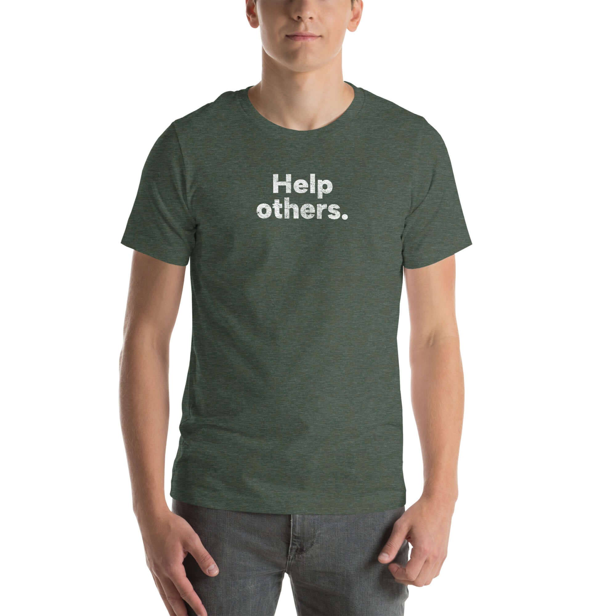 Front view of man wearing heather forest Milk Sandwich T-shirt with faded white text that reads Help others clean, minimalist message tee for everyday wear.
