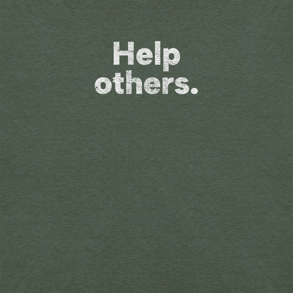 Close-up of heather forest Milk Sandwich T-shirt with distressed white text that reads Help others simple and bold minimalist message tee.
