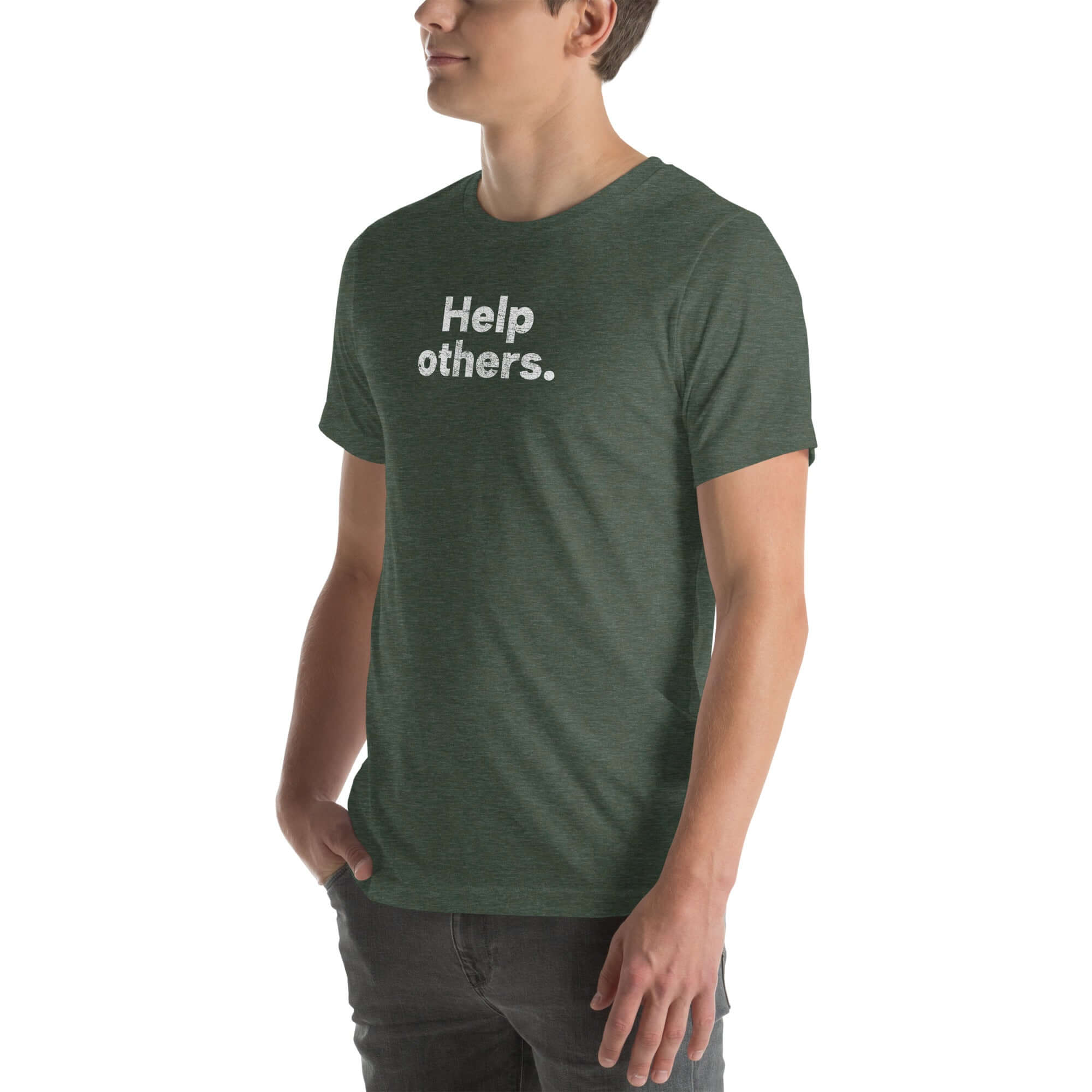 Side view of man wearing heather forest Milk Sandwich T-shirt with distressed white Help others text, casual unisex message tee with minimalist design.
