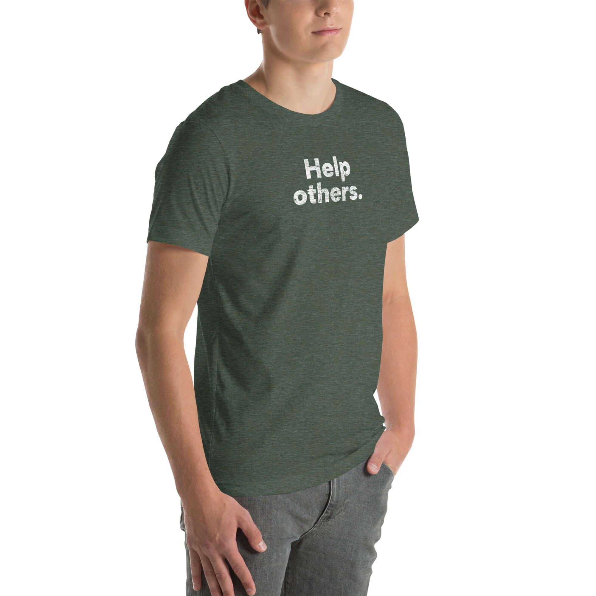 Angled view of man wearing heather forest Milk Sandwich T-shirt with distressed white Help others.slogan, clean and modern unisex graphic tee.