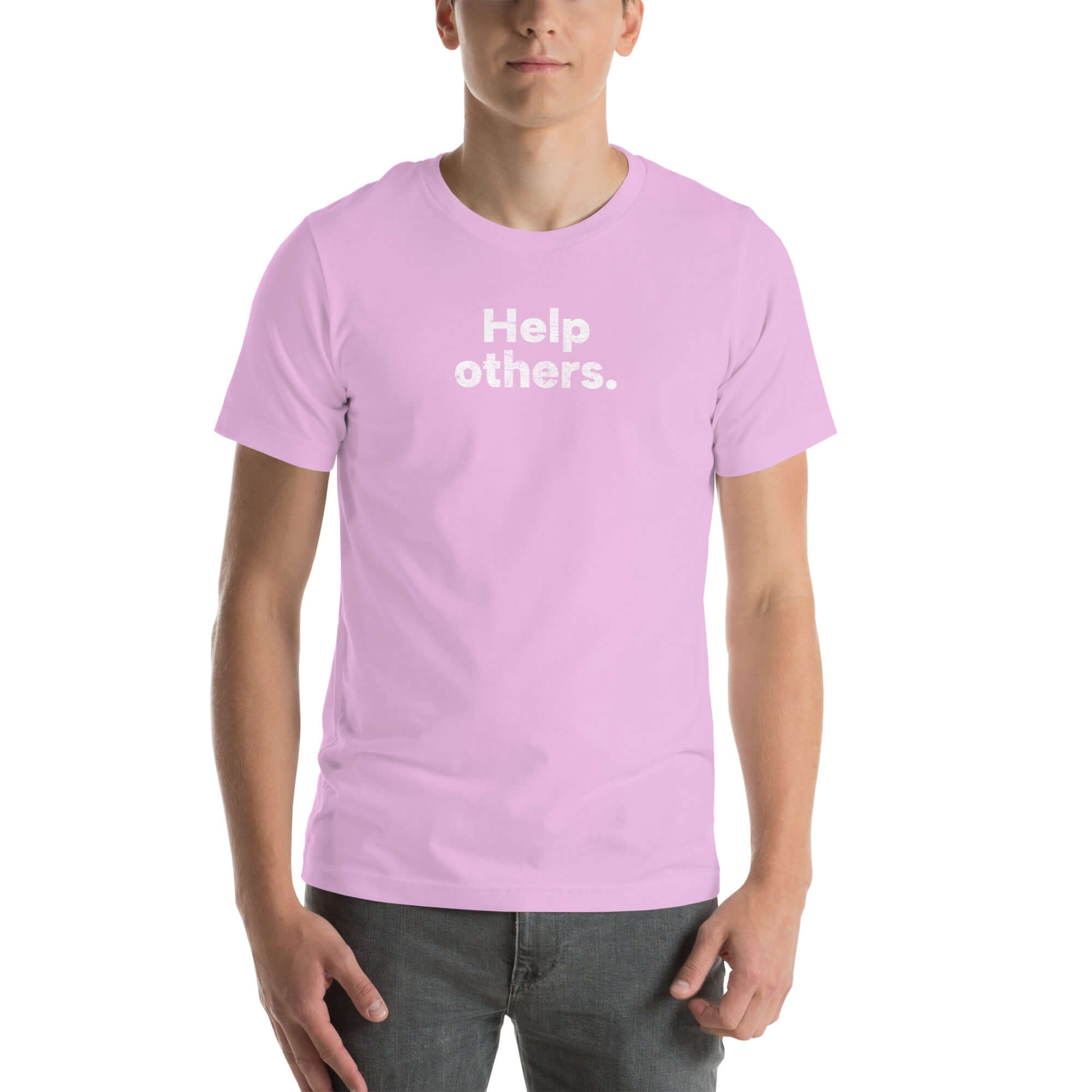 Front view of man wearing lilac Milk Sandwich T-shirt with faded white text that reads Help others. clean, minimalist message tee for everyday wear.