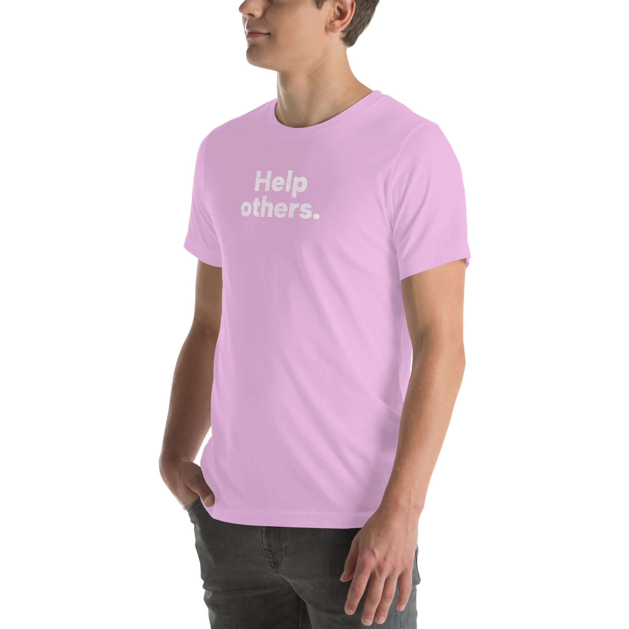 Side view of man wearing a lilac Milk Sandwich T-shirt with distressed white Help others text, casual unisex message tee with minimalist design.