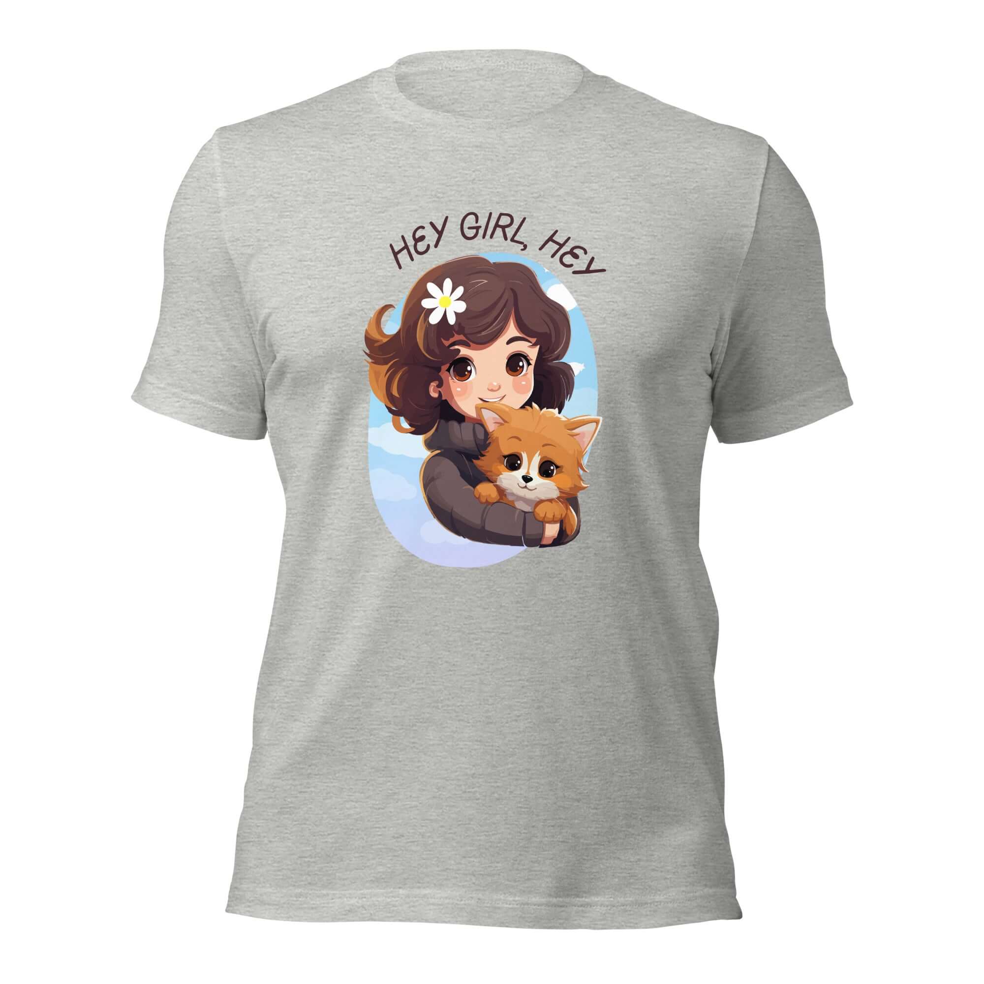Light grey Milk Sandwich t-shirt with cartoon girl and dog under Hey Girl, Hey text.