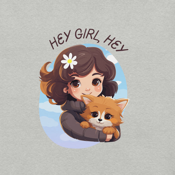 Cartoon girl hugging a cute dog with text Hey Girl, Hey on a athletic heather Milk Sandwich t-shirt.