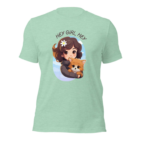 Heather Mint Milk Sandwich t-shirt with cartoon girl and dog under Hey Girl, Hey text.