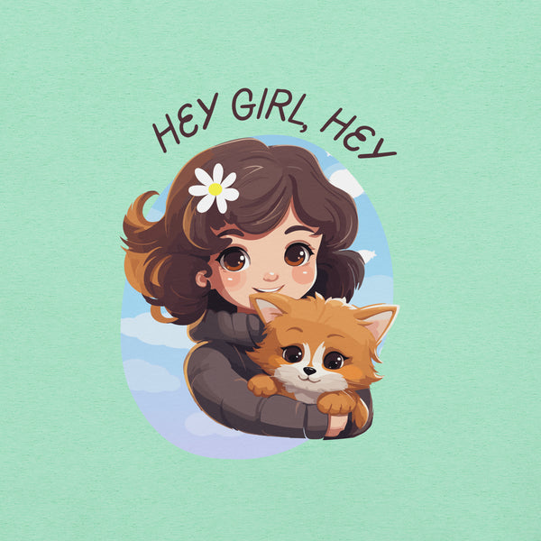 Cartoon girl hugging a cute dog with text Hey Girl, Hey on a mint Milk Sandwich t-shirt.