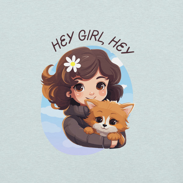 Cartoon girl hugging a cute dog with text Hey Girl, Hey on a prism ice blue Milk Sandwich t-shirt.