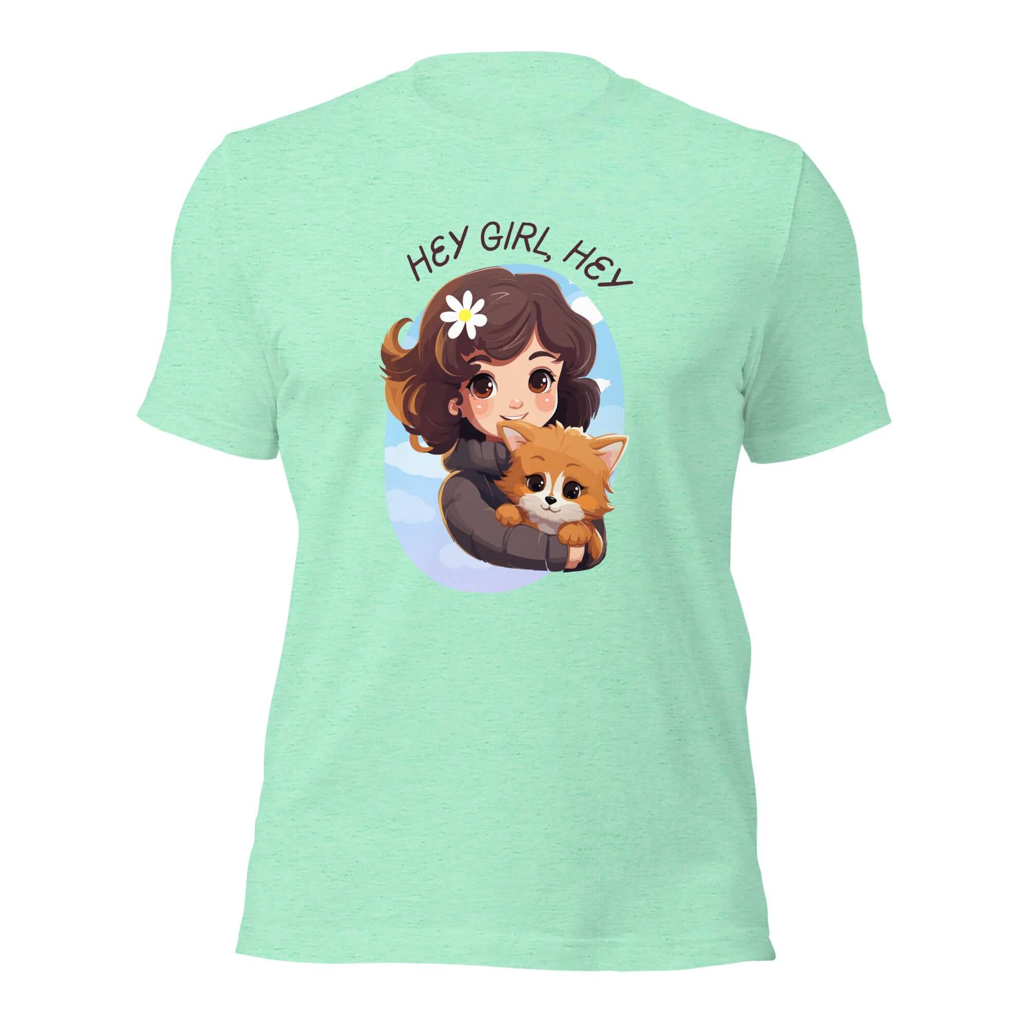 Mint Milk Sandwich t-shirt with cartoon girl and dog under Hey Girl, Hey text.