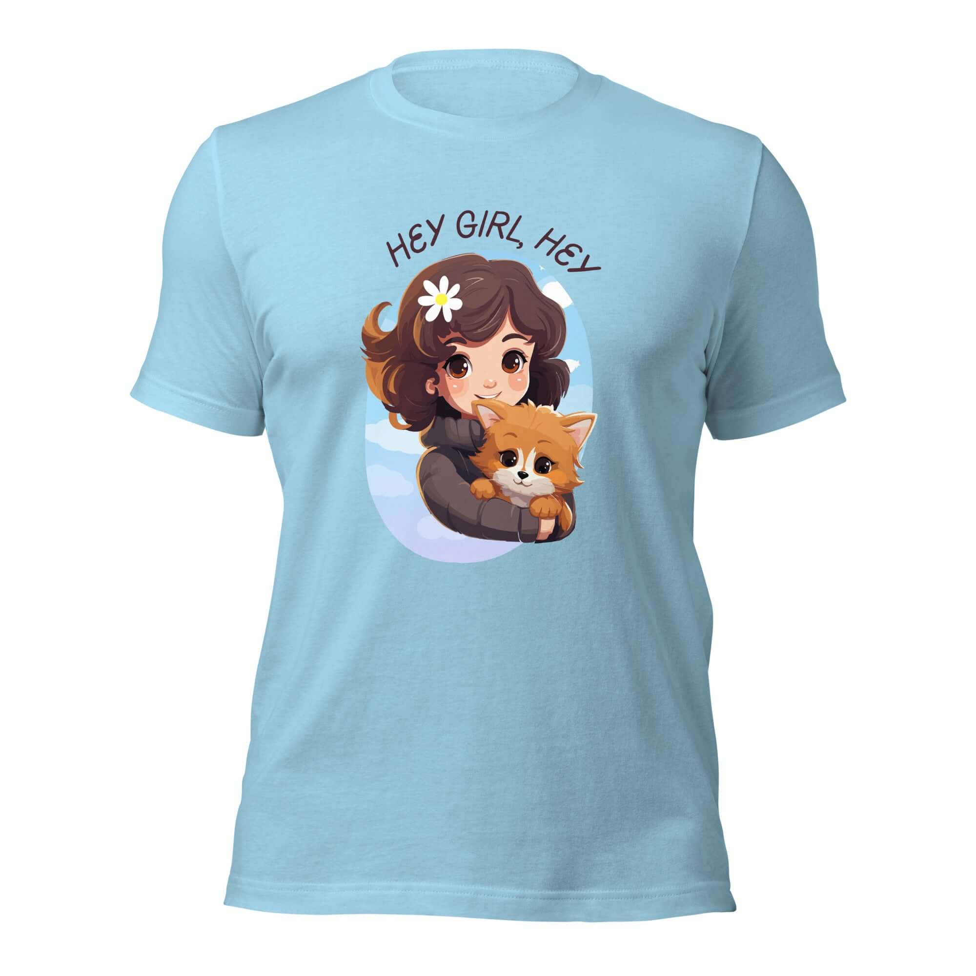 Ocean Blue Milk Sandwich t-shirt with cartoon girl and dog under Hey Girl, Hey text.