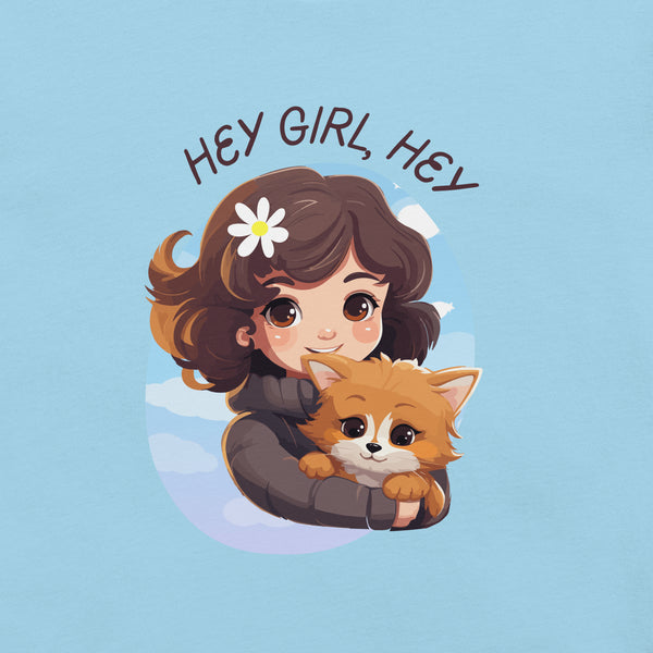 Cartoon girl hugging a cute dog with text Hey Girl, Hey on a ocean blue Milk Sandwich t-shirt.