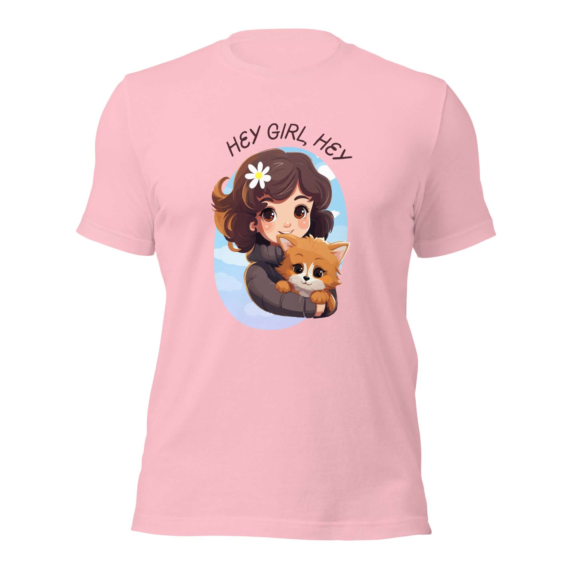 Pink Milk Sandwich t-shirt with cartoon girl and dog under Hey Girl, Hey text.
