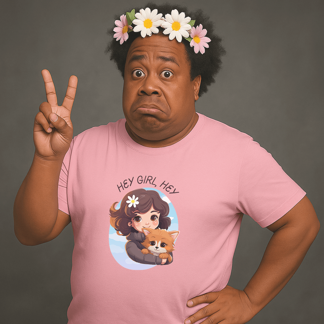 Man wearing a pink Milk Sandwich T-shirt with a cartoon girl and dog design and the phrase Hey Girl Hey, posing with peace sign and flower crown for playful retro-style fashion.