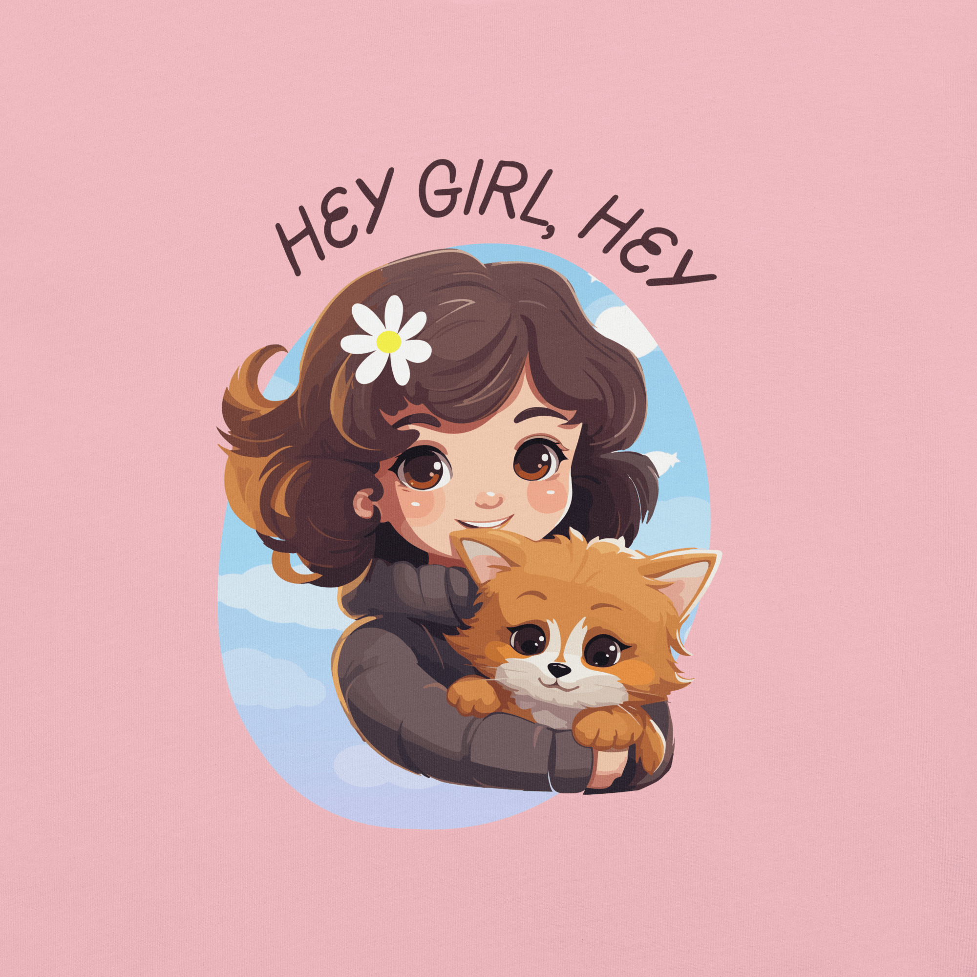 Cartoon girl hugging a cute dog with text Hey Girl, Hey on a pink Milk Sandwich t-shirt.
