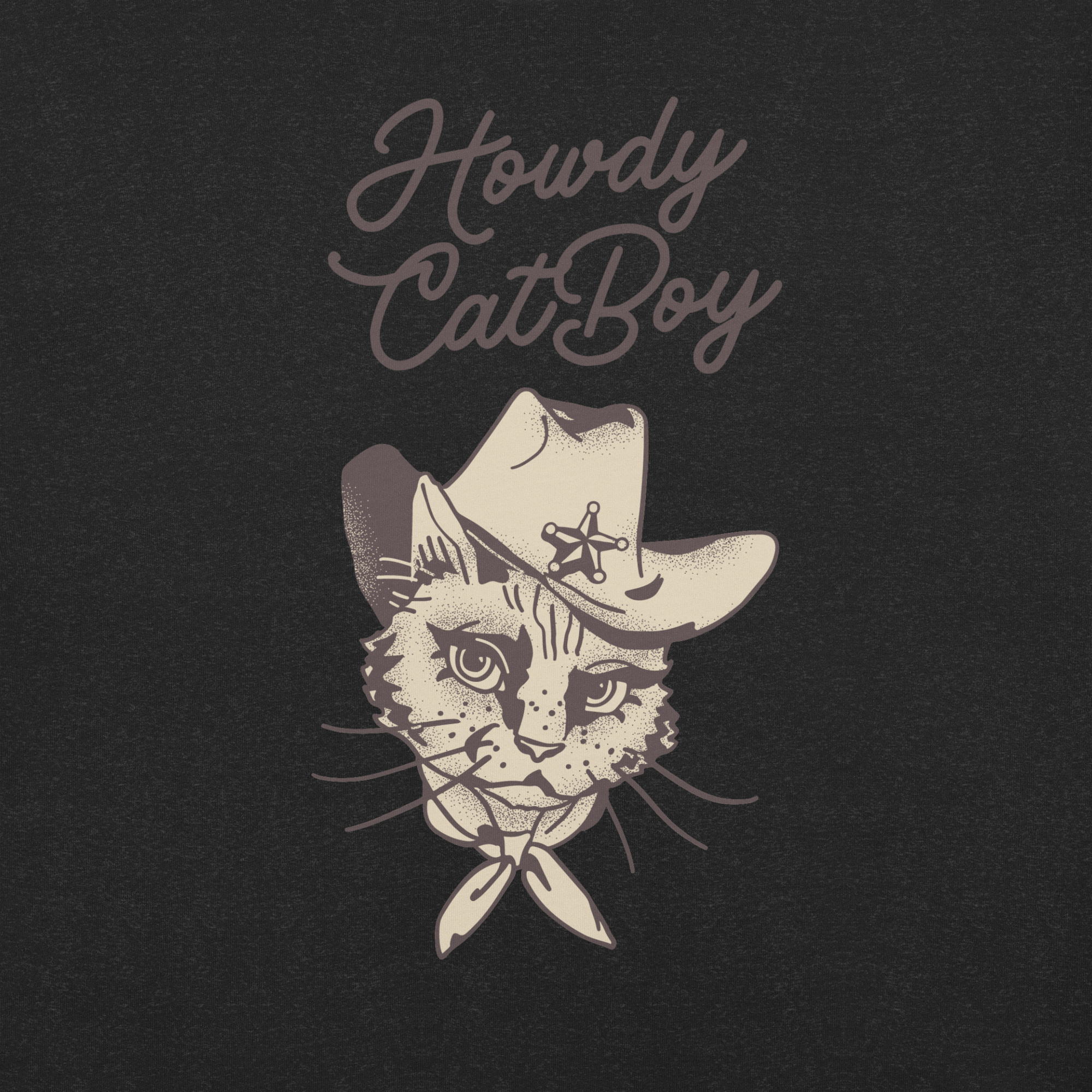 Close-up of black Milk Sandwich T-shirt with Howdy CatBoy text and detailed illustration of a cowboy cat wearing a hat and bandana.