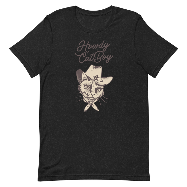 Flat lay of black Milk Sandwich T-shirt featuring Howdy CatBoy text and a vintage-style cowboy cat graphic with hat and bandana on white background