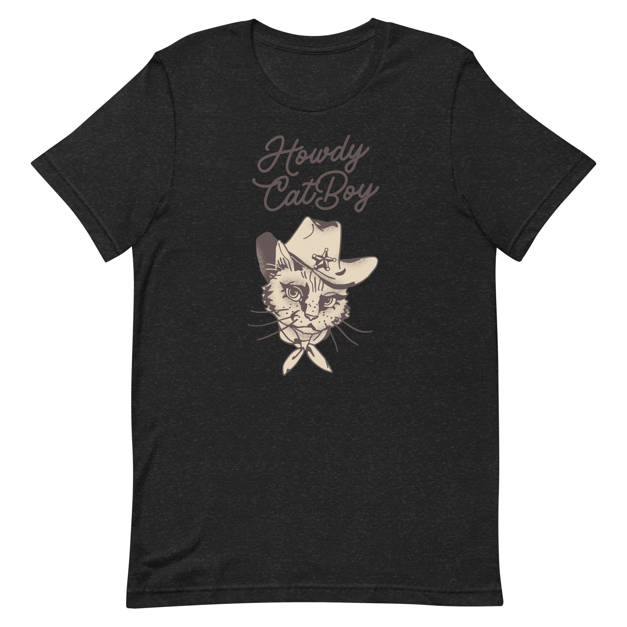 Flat lay of black Milk Sandwich T-shirt featuring Howdy CatBoy text and a vintage-style cowboy cat graphic with hat and bandana on white background