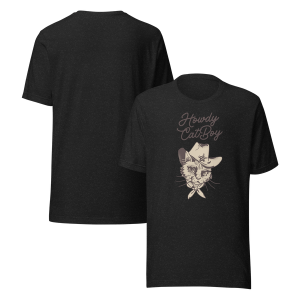 Front and back view of black Milk Sandwich T-shirt featuring Howdy CatBoy text and illustrated cowboy cat graphic, unisex novelty tee on white background