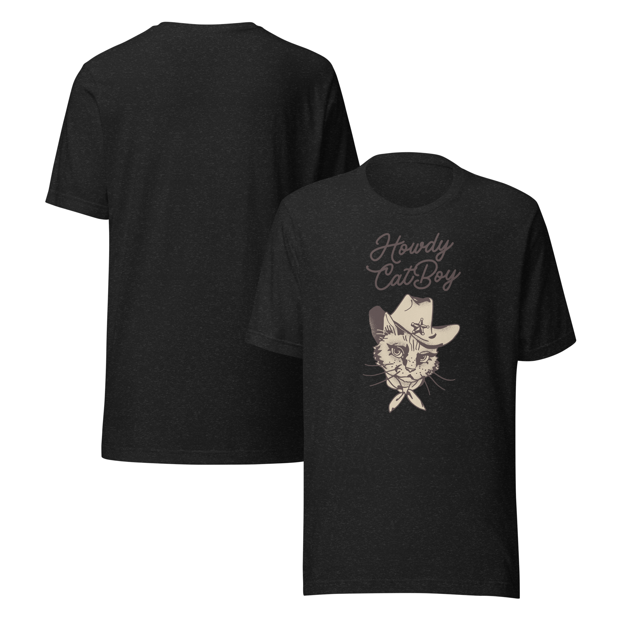 Front and back view of black Milk Sandwich T-shirt featuring Howdy CatBoy text and illustrated cowboy cat graphic, unisex novelty tee on white background