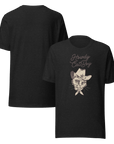 Front and back view of black Milk Sandwich T-shirt featuring Howdy CatBoy text and illustrated cowboy cat graphic, unisex novelty tee on white background