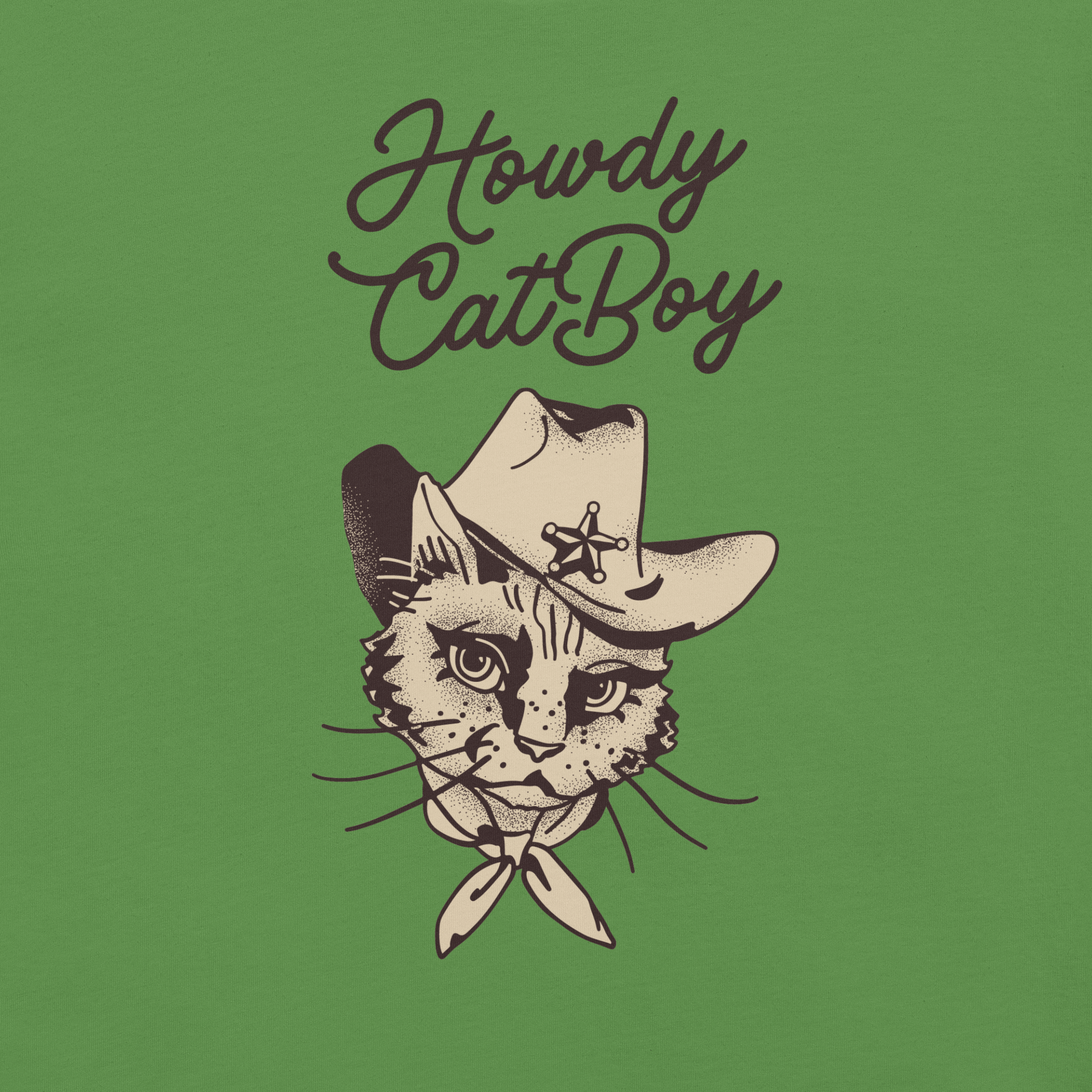 Close-up of green Milk Sandwich T-shirt with Howdy CatBoy text and detailed illustration of a cowboy cat wearing a hat and bandana.