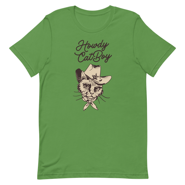 Flat lay of green Milk Sandwich T-shirt featuring Howdy CatBoy text and a vintage-style cowboy cat graphic with hat and bandana on white background