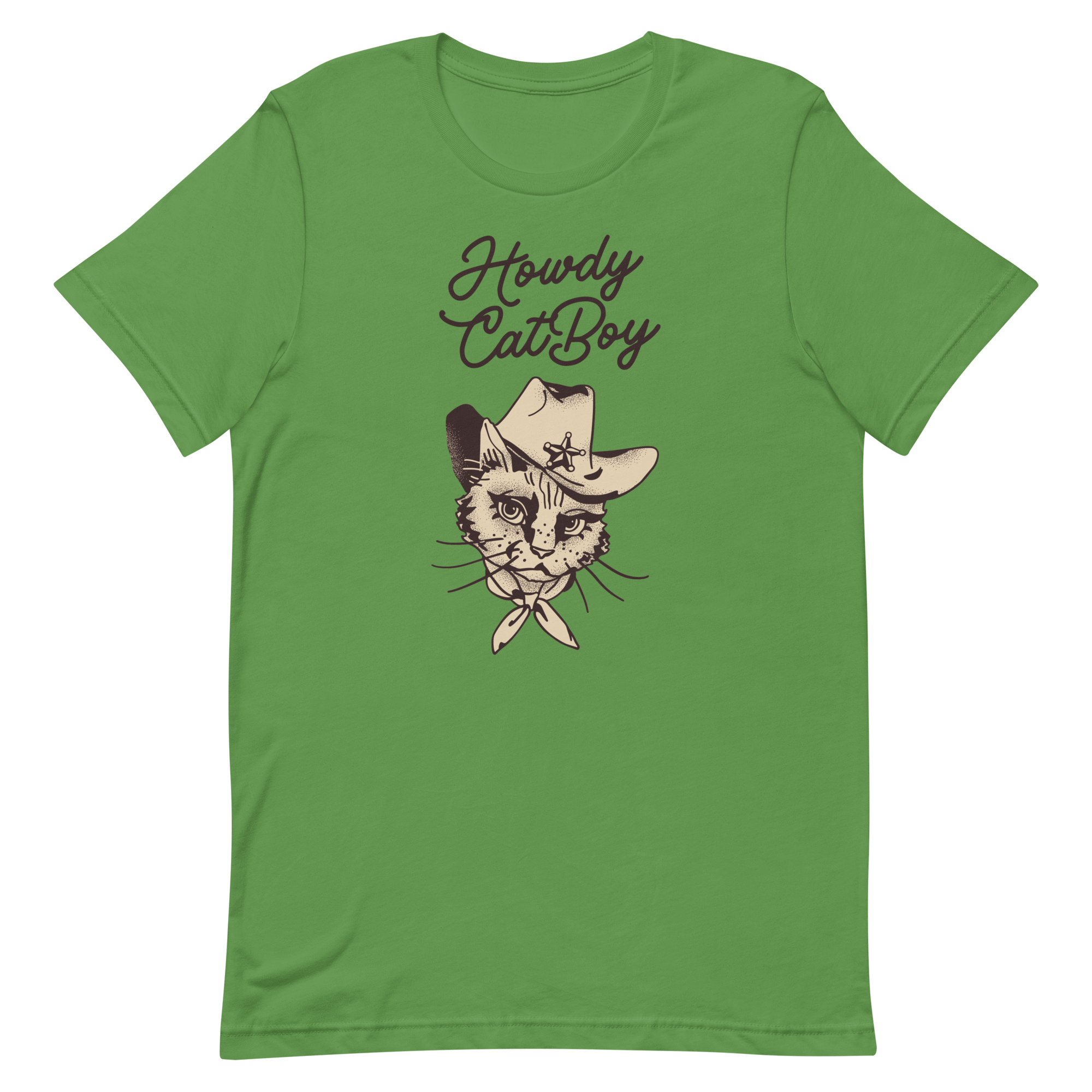 Flat lay of green Milk Sandwich T-shirt featuring Howdy CatBoy text and a vintage-style cowboy cat graphic with hat and bandana on white background