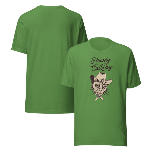 Front and back view of green Milk Sandwich T-shirt featuring Howdy CatBoy text and illustrated cowboy cat graphic, unisex novelty tee on white background