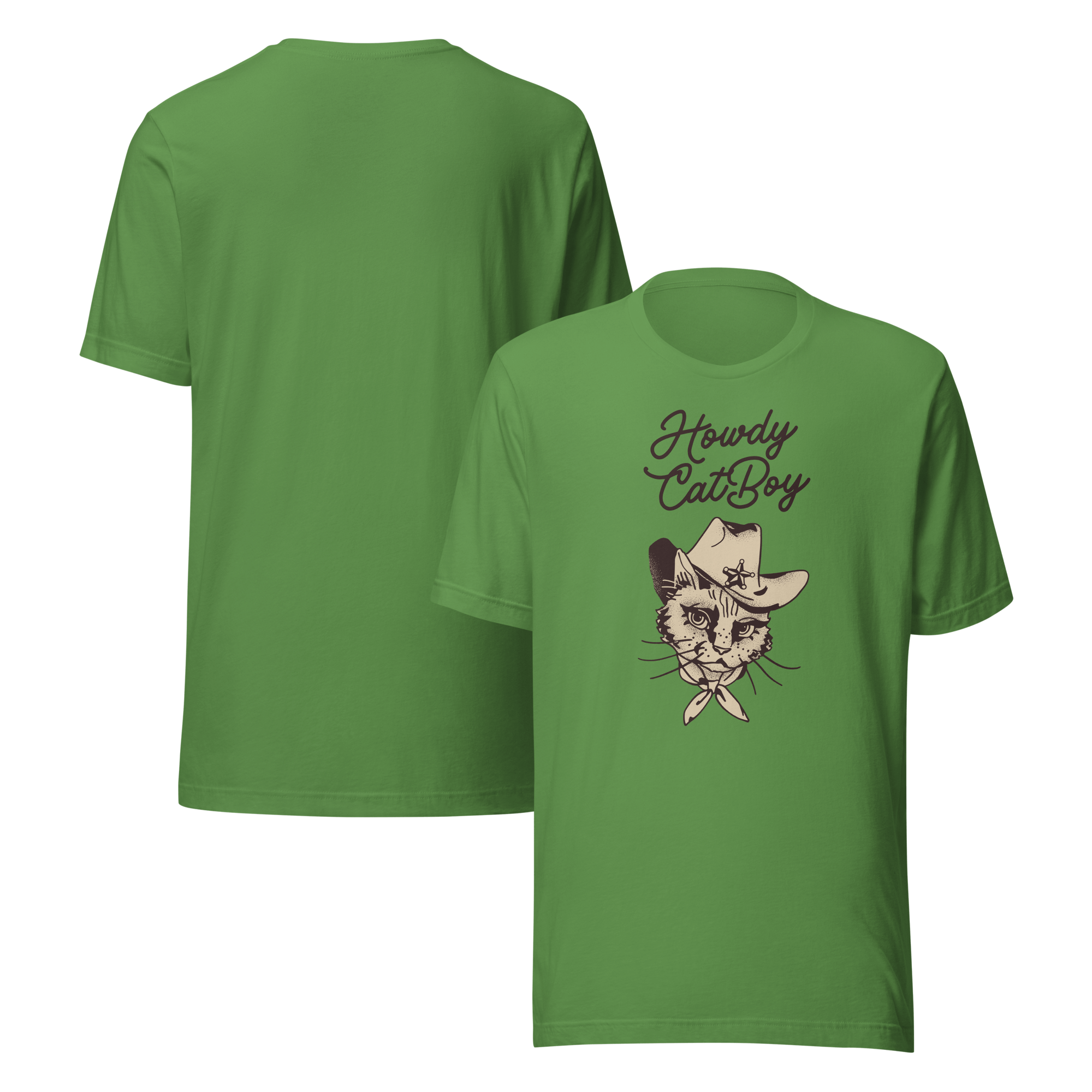 Front and back view of green Milk Sandwich T-shirt featuring Howdy CatBoy text and illustrated cowboy cat graphic, unisex novelty tee on white background