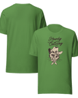 Front and back view of green Milk Sandwich T-shirt featuring Howdy CatBoy text and illustrated cowboy cat graphic, unisex novelty tee on white background