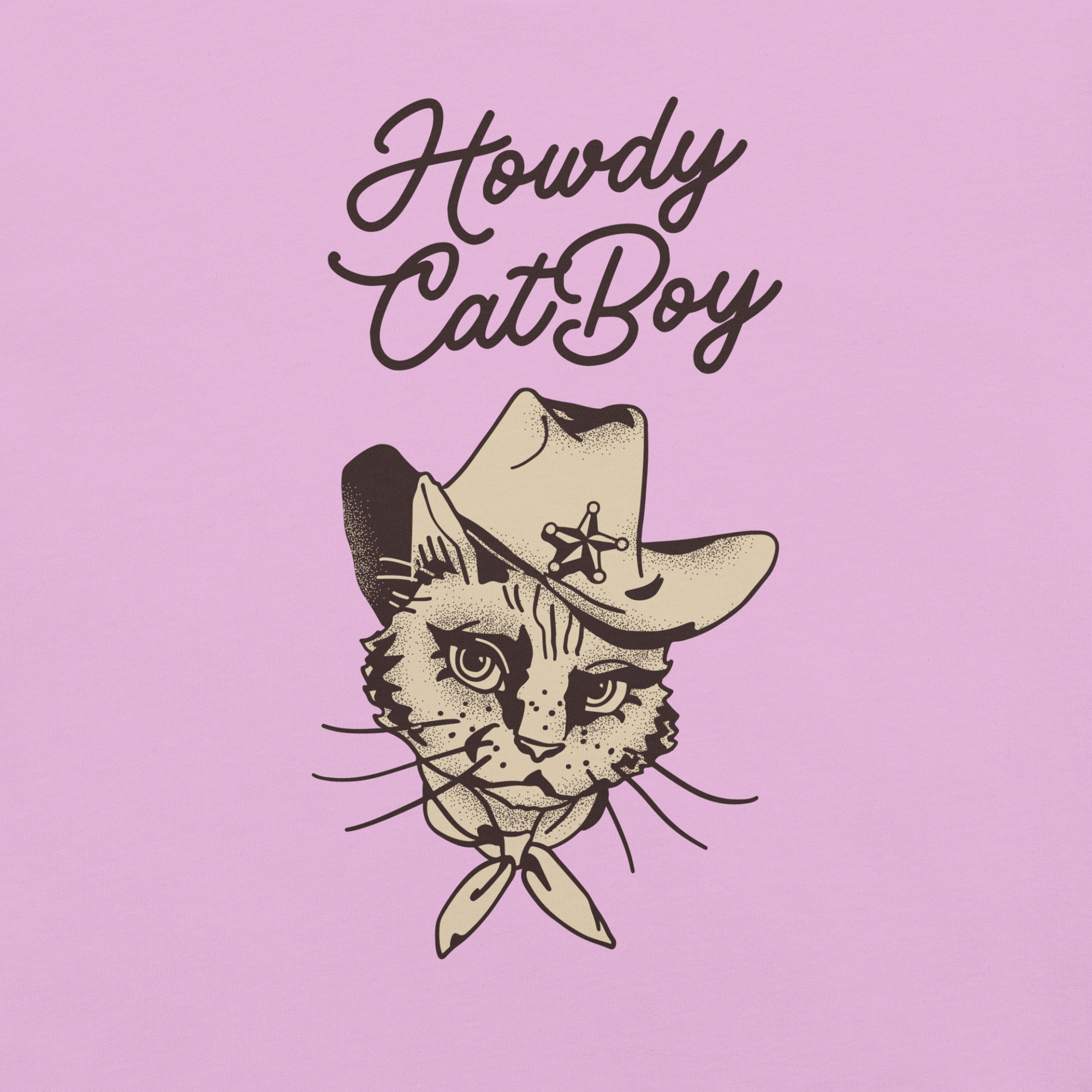 Close-up of pink Milk Sandwich T-shirt with Howdy CatBoy text and detailed illustration of a cowboy cat wearing a hat and bandana.