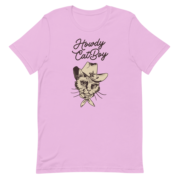 Flat lay of pink Milk Sandwich T-shirt featuring Howdy CatBoy text and a vintage-style cowboy cat graphic with hat and bandana on white background