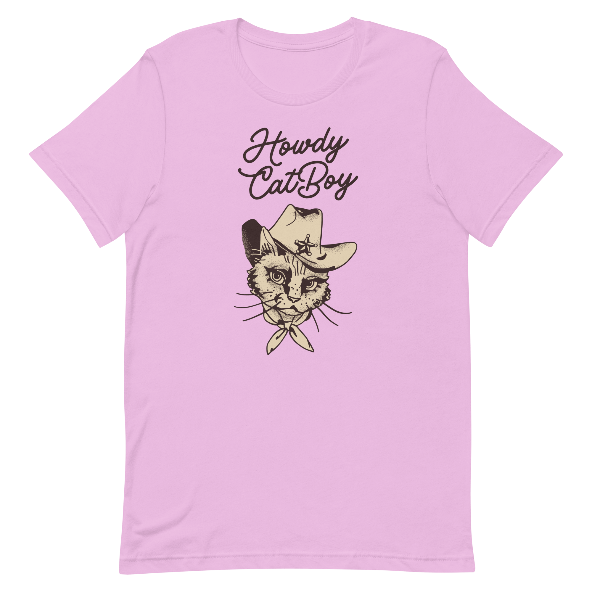 Flat lay of pink Milk Sandwich T-shirt featuring Howdy CatBoy text and a vintage-style cowboy cat graphic with hat and bandana on white background
