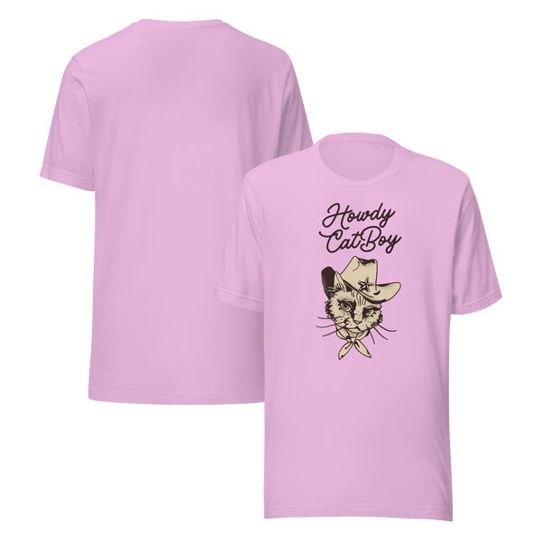 Front and back view of pink Milk Sandwich T-shirt featuring Howdy CatBoy text and illustrated cowboy cat graphic, unisex novelty tee on white background