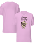 Front and back view of pink Milk Sandwich T-shirt featuring Howdy CatBoy text and illustrated cowboy cat graphic, unisex novelty tee on white background